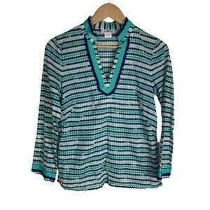 Vineyard Vines blue & green dot print‎ long sleeve V neck top tunic size XS